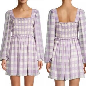 Toccin NY Lavender Plaid Smocked Puff Sleeve Mini Dress Medium NWT Cottagecore